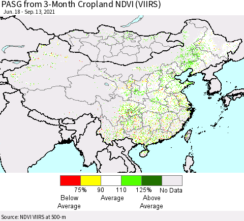 China, Mongolia and Taiwan PASG from 3-Month Cropland NDVI (VIIRS) Thematic Map For 9/6/2021 - 9/13/2021