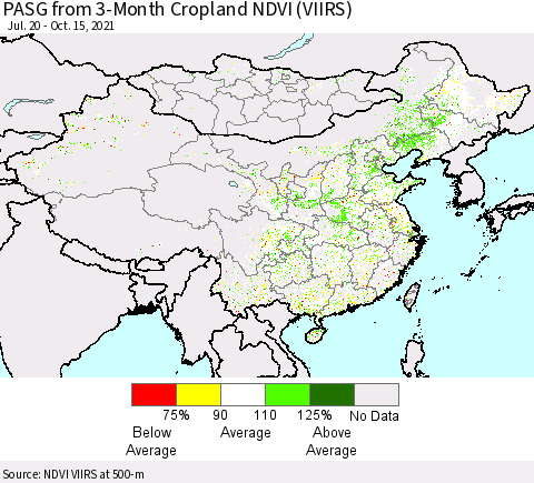 China, Mongolia and Taiwan PASG from 3-Month Cropland NDVI (VIIRS) Thematic Map For 10/8/2021 - 10/15/2021