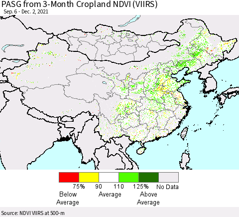 China, Mongolia and Taiwan PASG from 3-Month Cropland NDVI (VIIRS) Thematic Map For 11/25/2021 - 12/2/2021