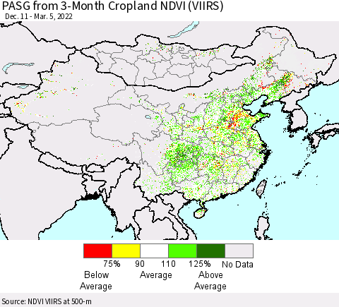 China, Mongolia and Taiwan PASG from 3-Month Cropland NDVI (VIIRS) Thematic Map For 2/26/2022 - 3/5/2022