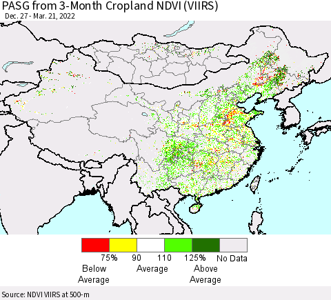 China, Mongolia and Taiwan PASG from 3-Month Cropland NDVI (VIIRS) Thematic Map For 3/14/2022 - 3/21/2022