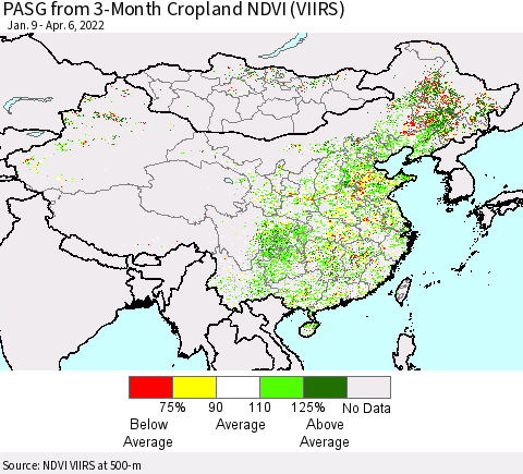 China, Mongolia and Taiwan PASG from 3-Month Cropland NDVI (VIIRS) Thematic Map For 3/30/2022 - 4/6/2022