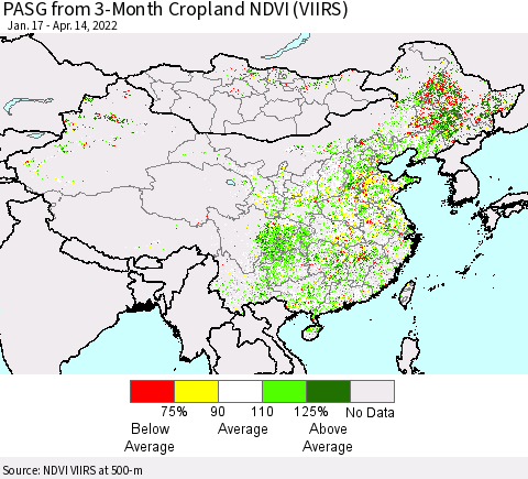 China, Mongolia and Taiwan PASG from 3-Month Cropland NDVI (VIIRS) Thematic Map For 4/7/2022 - 4/14/2022
