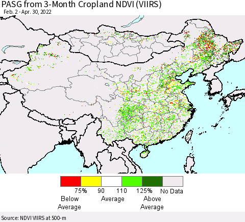 China, Mongolia and Taiwan PASG from 3-Month Cropland NDVI (VIIRS) Thematic Map For 4/23/2022 - 4/30/2022