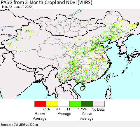 China, Mongolia and Taiwan PASG from 3-Month Cropland NDVI (VIIRS) Thematic Map For 6/10/2022 - 6/17/2022