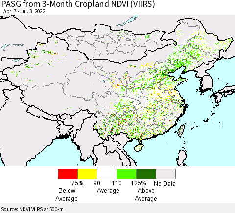 China, Mongolia and Taiwan PASG from 3-Month Cropland NDVI (VIIRS) Thematic Map For 6/26/2022 - 7/3/2022