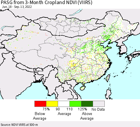 China, Mongolia and Taiwan PASG from 3-Month Cropland NDVI (VIIRS) Thematic Map For 9/6/2022 - 9/13/2022