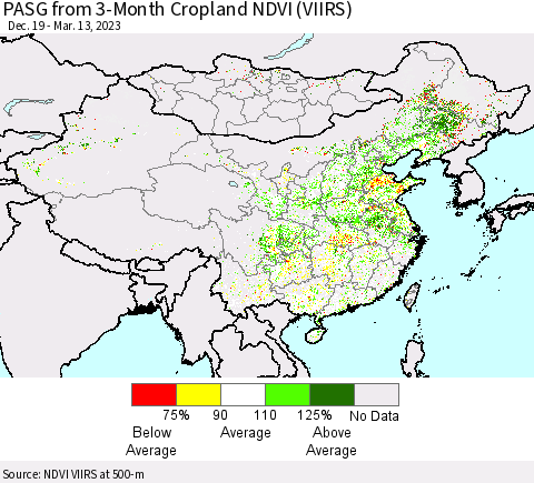 China, Mongolia and Taiwan PASG from 3-Month Cropland NDVI (VIIRS) Thematic Map For 3/6/2023 - 3/13/2023