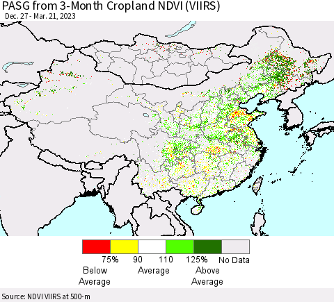 China, Mongolia and Taiwan PASG from 3-Month Cropland NDVI (VIIRS) Thematic Map For 3/14/2023 - 3/21/2023
