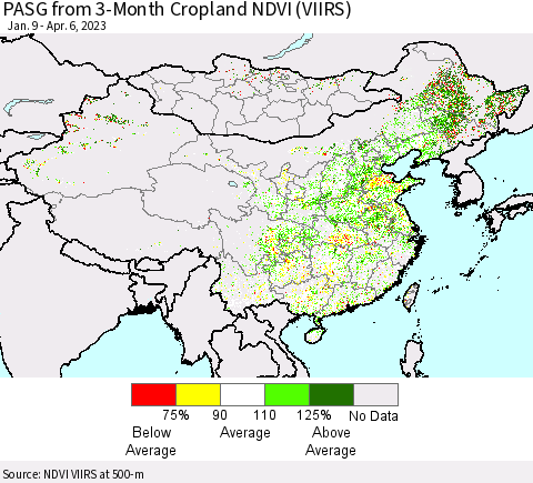 China, Mongolia and Taiwan PASG from 3-Month Cropland NDVI (VIIRS) Thematic Map For 3/30/2023 - 4/6/2023