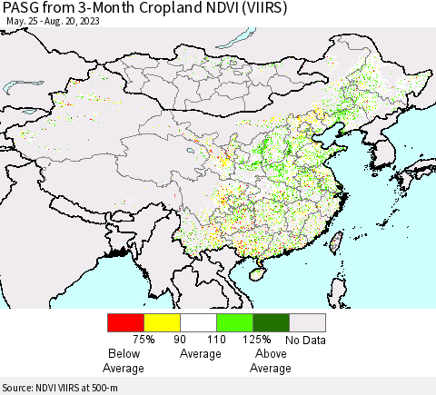 China, Mongolia and Taiwan PASG from 3-Month Cropland NDVI (VIIRS) Thematic Map For 8/13/2023 - 8/20/2023