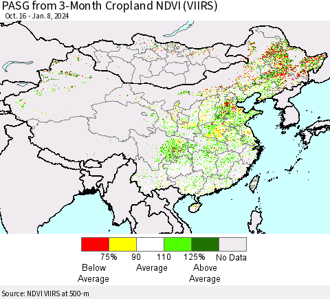 China, Mongolia and Taiwan PASG from 3-Month Cropland NDVI (VIIRS) Thematic Map For 1/1/2024 - 1/8/2024