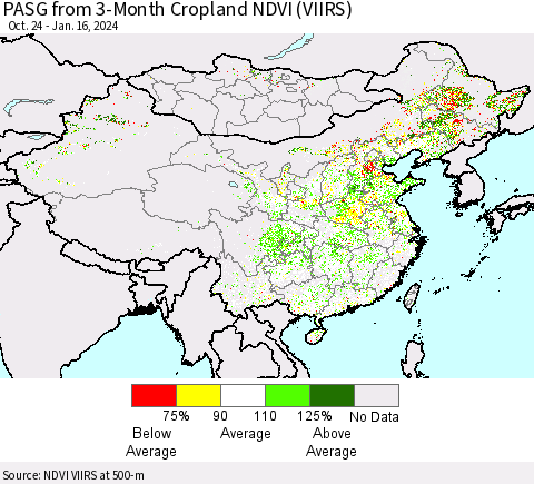 China, Mongolia and Taiwan PASG from 3-Month Cropland NDVI (VIIRS) Thematic Map For 1/9/2024 - 1/16/2024