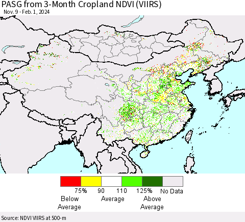 China, Mongolia and Taiwan PASG from 3-Month Cropland NDVI (VIIRS) Thematic Map For 1/25/2024 - 2/1/2024