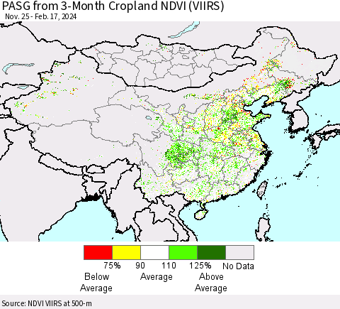 China, Mongolia and Taiwan PASG from 3-Month Cropland NDVI (VIIRS) Thematic Map For 2/10/2024 - 2/17/2024