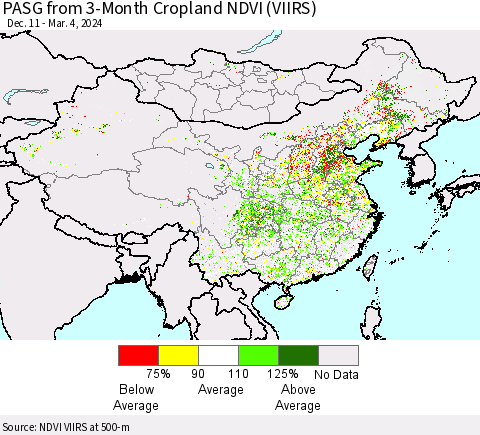 China, Mongolia and Taiwan PASG from 3-Month Cropland NDVI (VIIRS) Thematic Map For 2/26/2024 - 3/4/2024