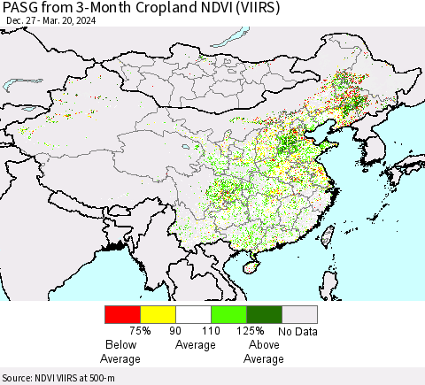 China, Mongolia and Taiwan PASG from 3-Month Cropland NDVI (VIIRS) Thematic Map For 3/13/2024 - 3/20/2024