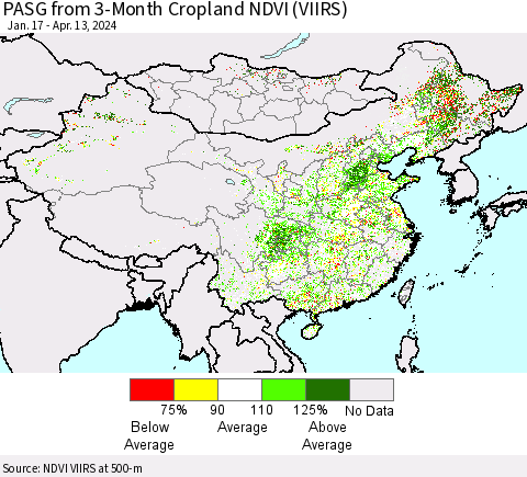 China, Mongolia and Taiwan PASG from 3-Month Cropland NDVI (VIIRS) Thematic Map For 4/6/2024 - 4/13/2024