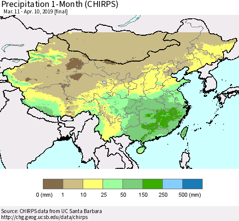 China and Taiwan Precipitation 1-Month (CHIRPS) Thematic Map For 3/11/2019 - 4/10/2019
