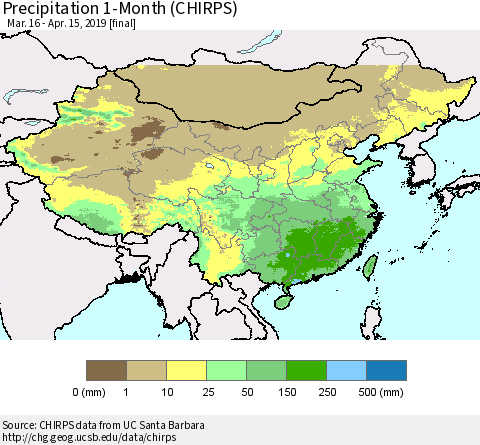 China, Mongolia and Taiwan Precipitation 1-Month (CHIRPS) Thematic Map For 3/16/2019 - 4/15/2019