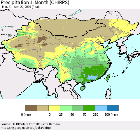 China and Taiwan Precipitation 1-Month (CHIRPS) Thematic Map For 3/21/2019 - 4/20/2019