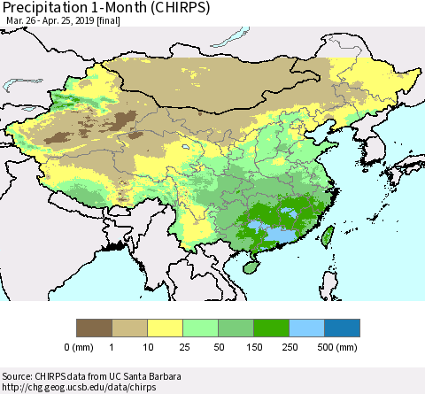 China and Taiwan Precipitation 1-Month (CHIRPS) Thematic Map For 3/26/2019 - 4/25/2019