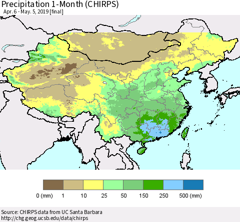 China, Mongolia and Taiwan Precipitation 1-Month (CHIRPS) Thematic Map For 4/6/2019 - 5/5/2019
