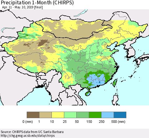 China, Mongolia and Taiwan Precipitation 1-Month (CHIRPS) Thematic Map For 4/11/2019 - 5/10/2019