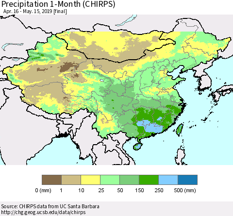 China and Taiwan Precipitation 1-Month (CHIRPS) Thematic Map For 4/16/2019 - 5/15/2019