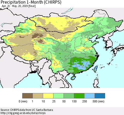 China and Taiwan Precipitation 1-Month (CHIRPS) Thematic Map For 4/21/2019 - 5/20/2019