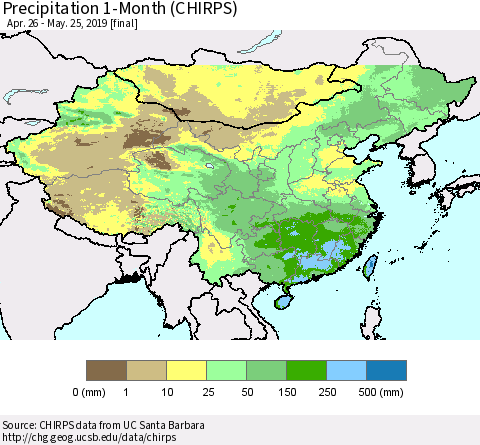 China and Taiwan Precipitation 1-Month (CHIRPS) Thematic Map For 4/26/2019 - 5/25/2019
