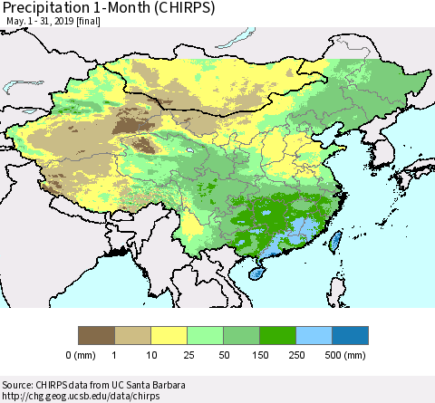 China and Taiwan Precipitation 1-Month (CHIRPS) Thematic Map For 5/1/2019 - 5/31/2019