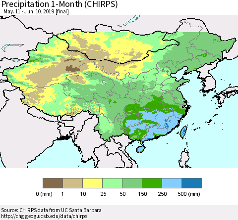 China and Taiwan Precipitation 1-Month (CHIRPS) Thematic Map For 5/11/2019 - 6/10/2019