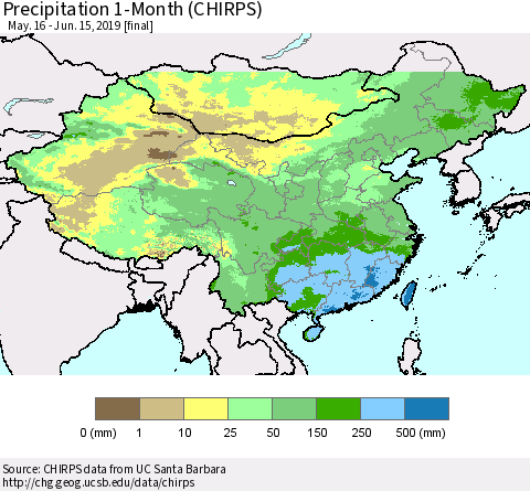 China and Taiwan Precipitation 1-Month (CHIRPS) Thematic Map For 5/16/2019 - 6/15/2019