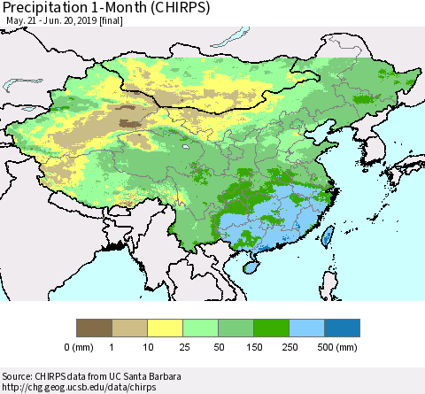 China and Taiwan Precipitation 1-Month (CHIRPS) Thematic Map For 5/21/2019 - 6/20/2019