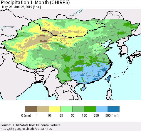 China and Taiwan Precipitation 1-Month (CHIRPS) Thematic Map For 5/26/2019 - 6/25/2019