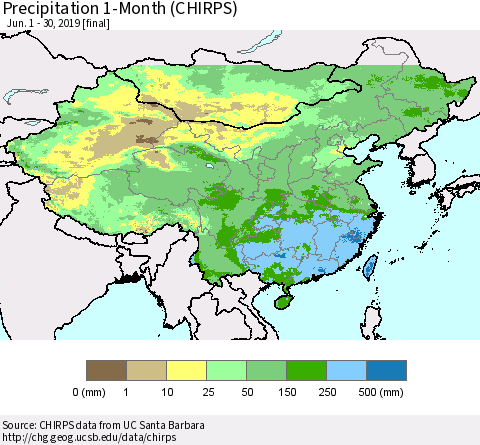 China, Mongolia and Taiwan Precipitation 1-Month (CHIRPS) Thematic Map For 6/1/2019 - 6/30/2019