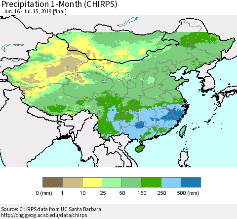 China and Taiwan Precipitation 1-Month (CHIRPS) Thematic Map For 6/16/2019 - 7/15/2019