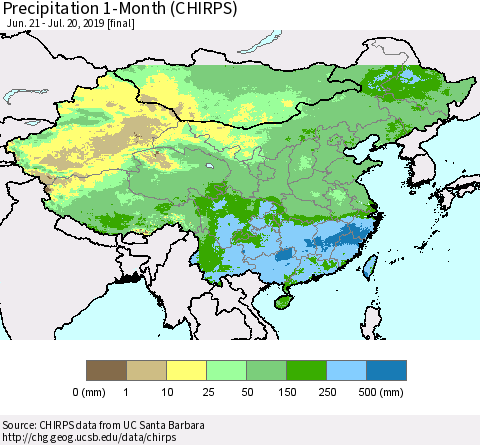 China and Taiwan Precipitation 1-Month (CHIRPS) Thematic Map For 6/21/2019 - 7/20/2019