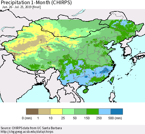 China and Taiwan Precipitation 1-Month (CHIRPS) Thematic Map For 6/26/2019 - 7/25/2019