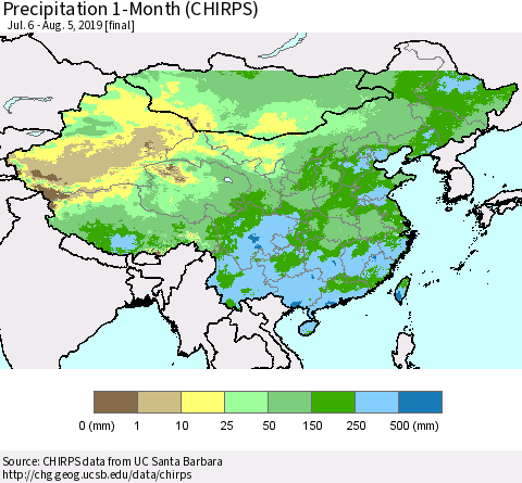 China and Taiwan Precipitation 1-Month (CHIRPS) Thematic Map For 7/6/2019 - 8/5/2019