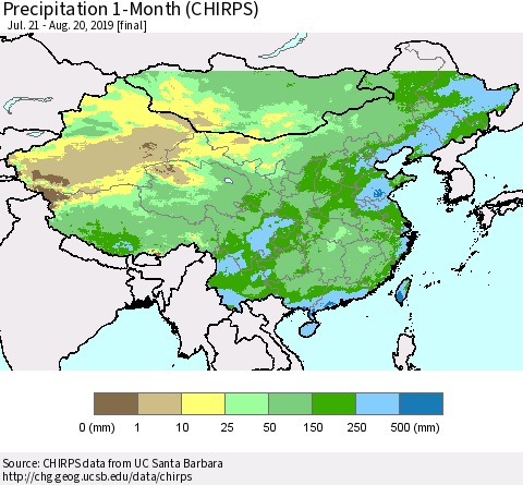 China and Taiwan Precipitation 1-Month (CHIRPS) Thematic Map For 7/21/2019 - 8/20/2019