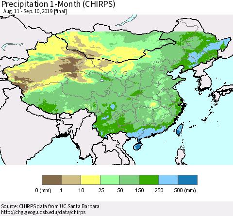 China and Taiwan Precipitation 1-Month (CHIRPS) Thematic Map For 8/11/2019 - 9/10/2019