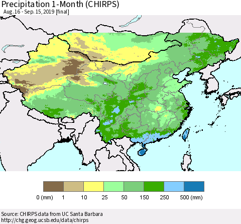 China and Taiwan Precipitation 1-Month (CHIRPS) Thematic Map For 8/16/2019 - 9/15/2019
