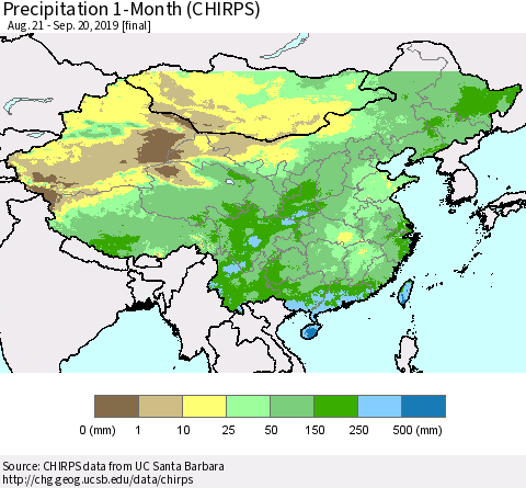 China and Taiwan Precipitation 1-Month (CHIRPS) Thematic Map For 8/21/2019 - 9/20/2019