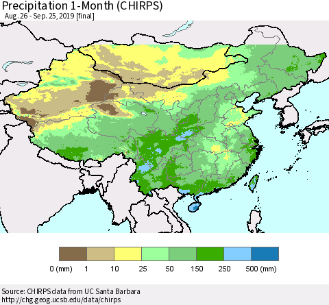 China and Taiwan Precipitation 1-Month (CHIRPS) Thematic Map For 8/26/2019 - 9/25/2019