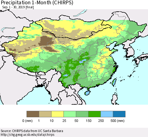 China and Taiwan Precipitation 1-Month (CHIRPS) Thematic Map For 9/1/2019 - 9/30/2019