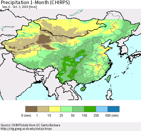 China and Taiwan Precipitation 1-Month (CHIRPS) Thematic Map For 9/6/2019 - 10/5/2019
