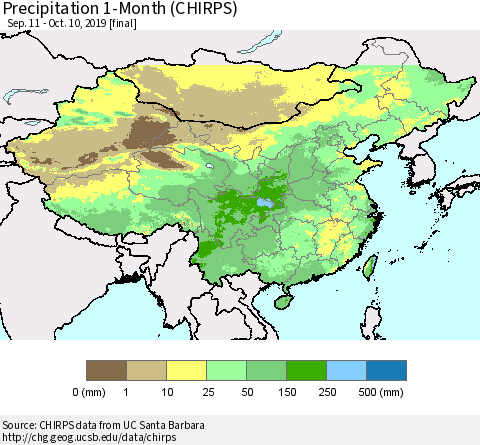 China and Taiwan Precipitation 1-Month (CHIRPS) Thematic Map For 9/11/2019 - 10/10/2019