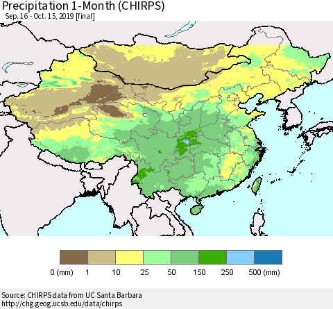 China, Mongolia and Taiwan Precipitation 1-Month (CHIRPS) Thematic Map For 9/16/2019 - 10/15/2019